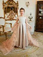 A-Linie Satin Tüll Sweep/Pinsel zug Champagner Kleid (010225319) 