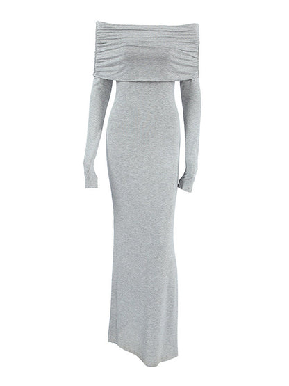 Long Sleeves Skinny Pleated Solid Color Split-Joint Off-The-Shoulder Evening Dresses Maxi Dresses