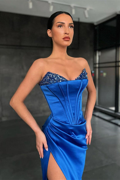Royal Blue Long Mermaid Sweetheart Satin Prom Dress with Split