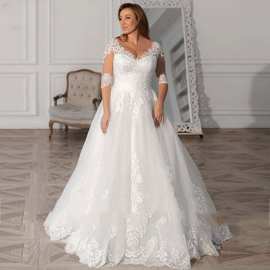 Simple A-Line Wedding Dresses Plus Size Women V-Neck Bride Gowns Half Sleeves Applique Vestido De Noiva Custom Made-payinti