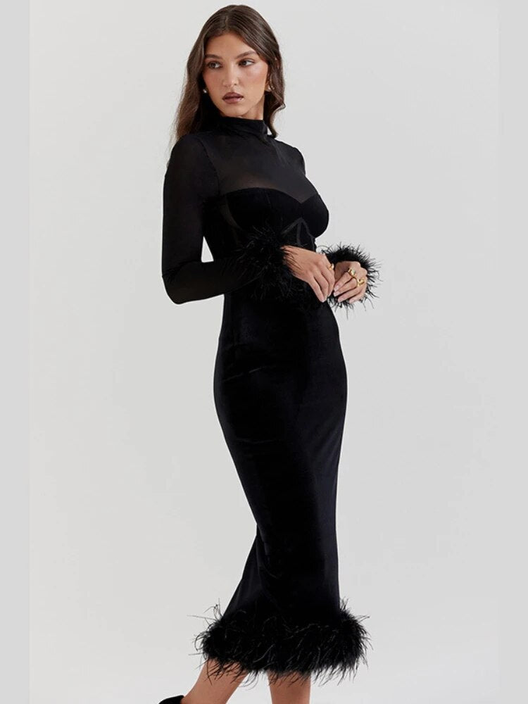TARUXY Mesh Splice Maxi Dress Women High Waist Slim Feather Temperament Dresses Female Party Retro Elegant Evening Dress Woman