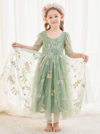 Salbeigrünes Blumenmädchenkleid aus Stoff mit U-Ausschnitt und Tüll (2003227581) 