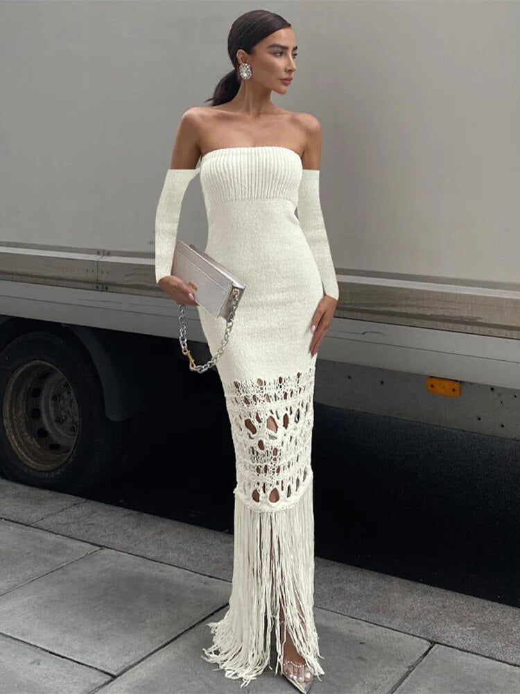 TARUXY Knitted Tassel Maxi Dresses For Women Hollow Out Sexy Bodycon Dress Women's Off The Shoulders Elegant Evening Dress Woman
