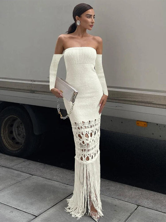 TARUXY Knitted Tassel Maxi Dresses For Women Hollow Out Sexy Bodycon Dress Women's Off The Shoulders Elegant Evening Dress Woman
