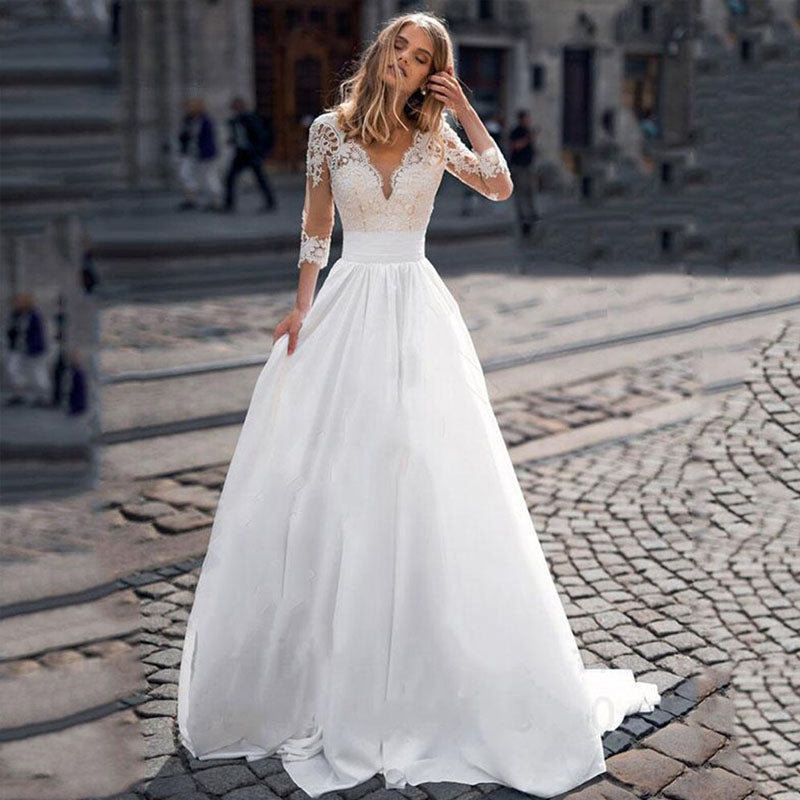 JEHETH Lace Appliques Wedding Dresses For Women Satin Elegant A Line Illusion Back With Button Bride Dress Vestidos de Novia-payinti