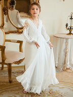 Bodenlanges Chiffon-Kleid in A-Linie und Elfenbein für die Erstkommunion 