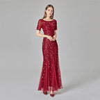 Summer Autumn Banquet Host Slim Mesh Sequ Evening Dress Fishtail Dress for Women