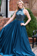 Dalley | Vestido formal largo con cuello halter y espejo de cristal tallado en verde azulado