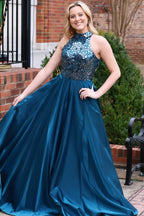 Dalley | Vestido formal largo con cuello halter y espejo de cristal tallado en verde azulado