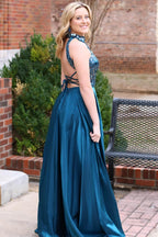 Dalley | Vestido formal largo con cuello halter y espejo de cristal tallado en verde azulado