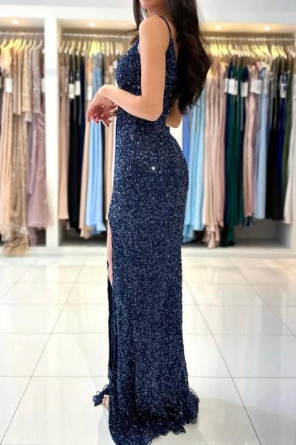 Vestido de fiesta largo de sirena con tirantes finos, escote en V y abertura, color azul oscuro y purpurina