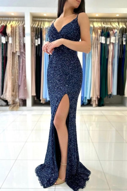 Dark Blue Long Glitter Spaghetti Straps V-neck Evening Dresses With Slit