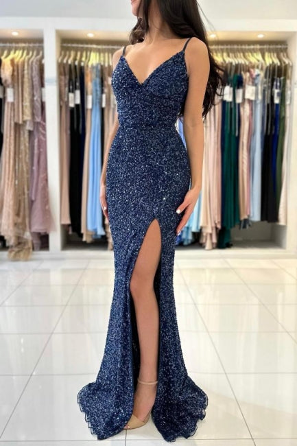 Dark Blue Long Glitter Spaghetti Straps V-neck Evening Dresses With Slit