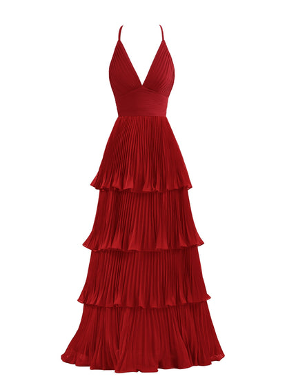 Dunkelgrünes A-Linien-Brautjungfernkleid aus Chiffon mit Stufen und bodenlanger Länge