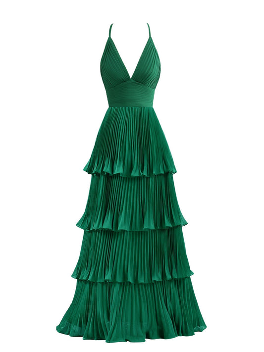 Dunkelgrünes A-Linien-Brautjungfernkleid aus Chiffon mit Stufen und bodenlanger Länge