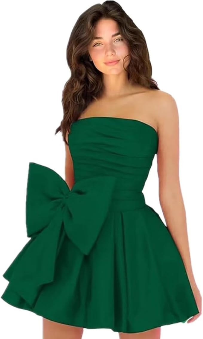 Vestidos de fiesta cortos y elegantes de corte A, sin mangas, sin tirantes, fruncidos, con cordones y lazo