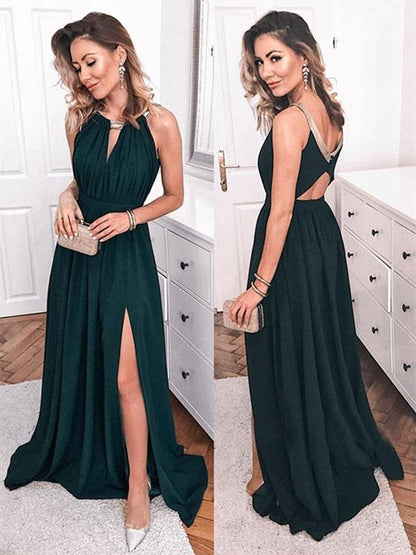 Vestidos de fiesta formales de corte A largo, verde oscuro, con espalda descubierta y abertura