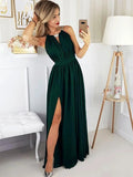 Vestidos de fiesta formales de corte A largo, verde oscuro, con espalda descubierta y abertura