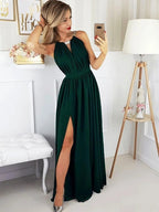 Vestidos de fiesta formales de corte A largo, verde oscuro, con espalda descubierta y abertura