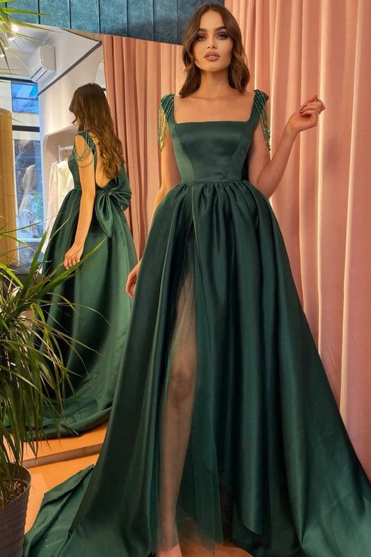 Dunkelgrünes langes A-Linien-Ballkleid aus Satin mit Schlitz vorne und offenem Rücken und Schleife