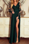 Vestido de fiesta largo verde oscuro con escote en V, abertura frontal de encaje y mangas