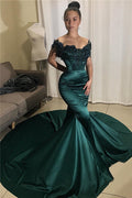 Vestidos de noche largos de sirena con hombros descubiertos en color verde oscuro