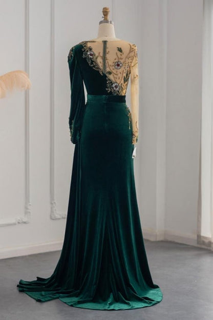 Vestidos de noche de sirena con joya y mangas largas en color verde oscuro, vestidos de fiesta con volantes