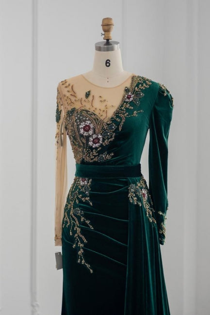 Vestidos de noche de sirena con joya y mangas largas en color verde oscuro, vestidos de fiesta con volantes
