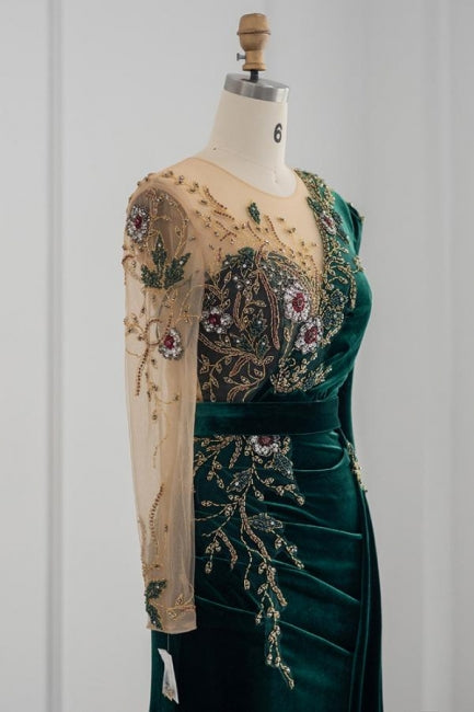 Vestidos de noche de sirena con joya y mangas largas en color verde oscuro, vestidos de fiesta con volantes
