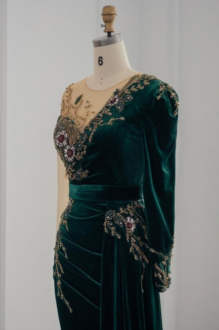 Vestidos de noche de sirena con joya y mangas largas en color verde oscuro, vestidos de fiesta con volantes