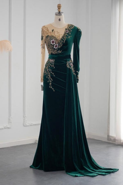 Vestidos de noche de sirena con joya y mangas largas en color verde oscuro, vestidos de fiesta con volantes
