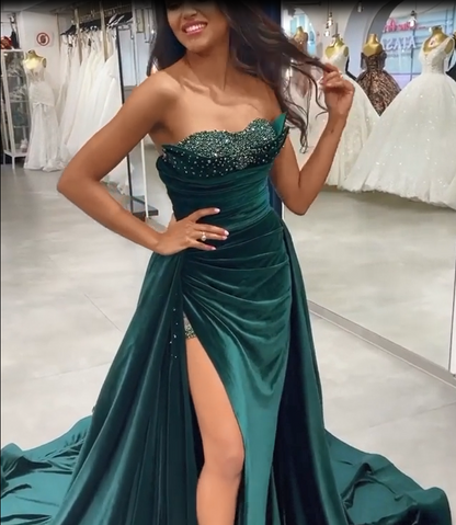 Vestido de fiesta verde oscuro con lentejuelas, sin mangas, escote corazón, largo hasta el suelo, corte A y abertura frontal
