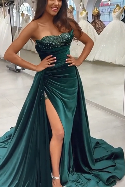 Vestido de fiesta verde oscuro con lentejuelas, sin mangas, escote corazón, largo hasta el suelo, corte A y abertura frontal