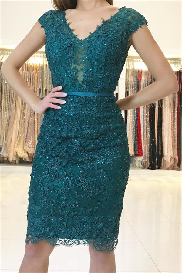 Vestido de fiesta de encaje con escote en V y corte sirena, color verde oscuro