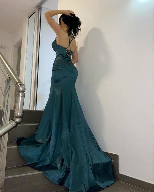 Vestidos de fiesta largos de sirena con escote en V sencillos de color verde oscuro