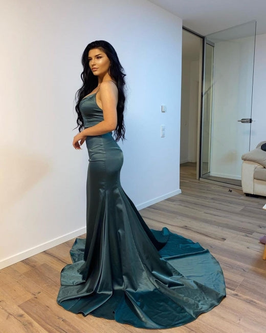 Vestidos de fiesta largos de sirena con escote en V sencillos de color verde oscuro