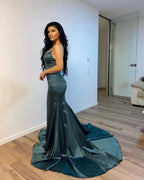 Vestidos de fiesta largos de sirena con escote en V sencillos de color verde oscuro