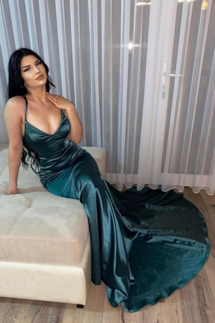 Vestidos de fiesta largos de sirena con escote en V sencillos de color verde oscuro