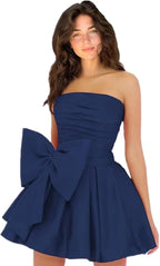 Vestidos de fiesta cortos y elegantes de corte A, sin mangas, sin tirantes, fruncidos, con cordones y lazo