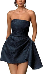 A-Linie, trägerlos, ärmellos, kurzes Heimkehrkleid, Jacquard-Satin, asymmetrisch, Partykleider mit Schnürung