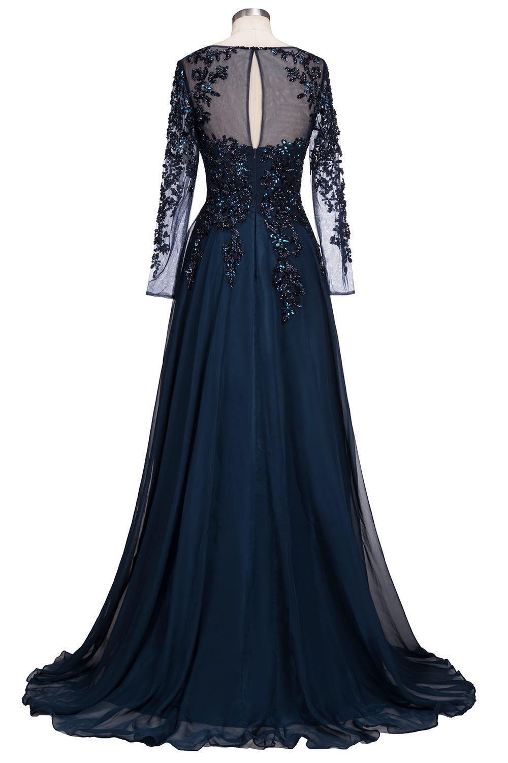 Vestido de noche formal de tul con joya, corte A, largo, azul marino oscuro, con mangas