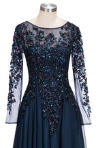 Vestido de noche formal de tul con joya, corte A, largo, azul marino oscuro, con mangas