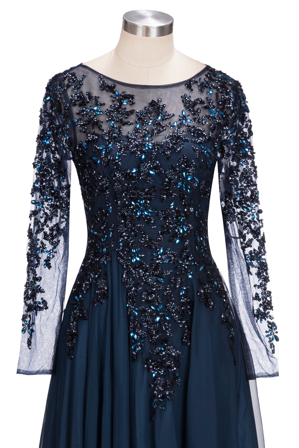 Vestido de noche formal de tul con joya, corte A, largo, azul marino oscuro, con mangas