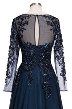 Vestido de noche formal de tul con joya, corte A, largo, azul marino oscuro, con mangas