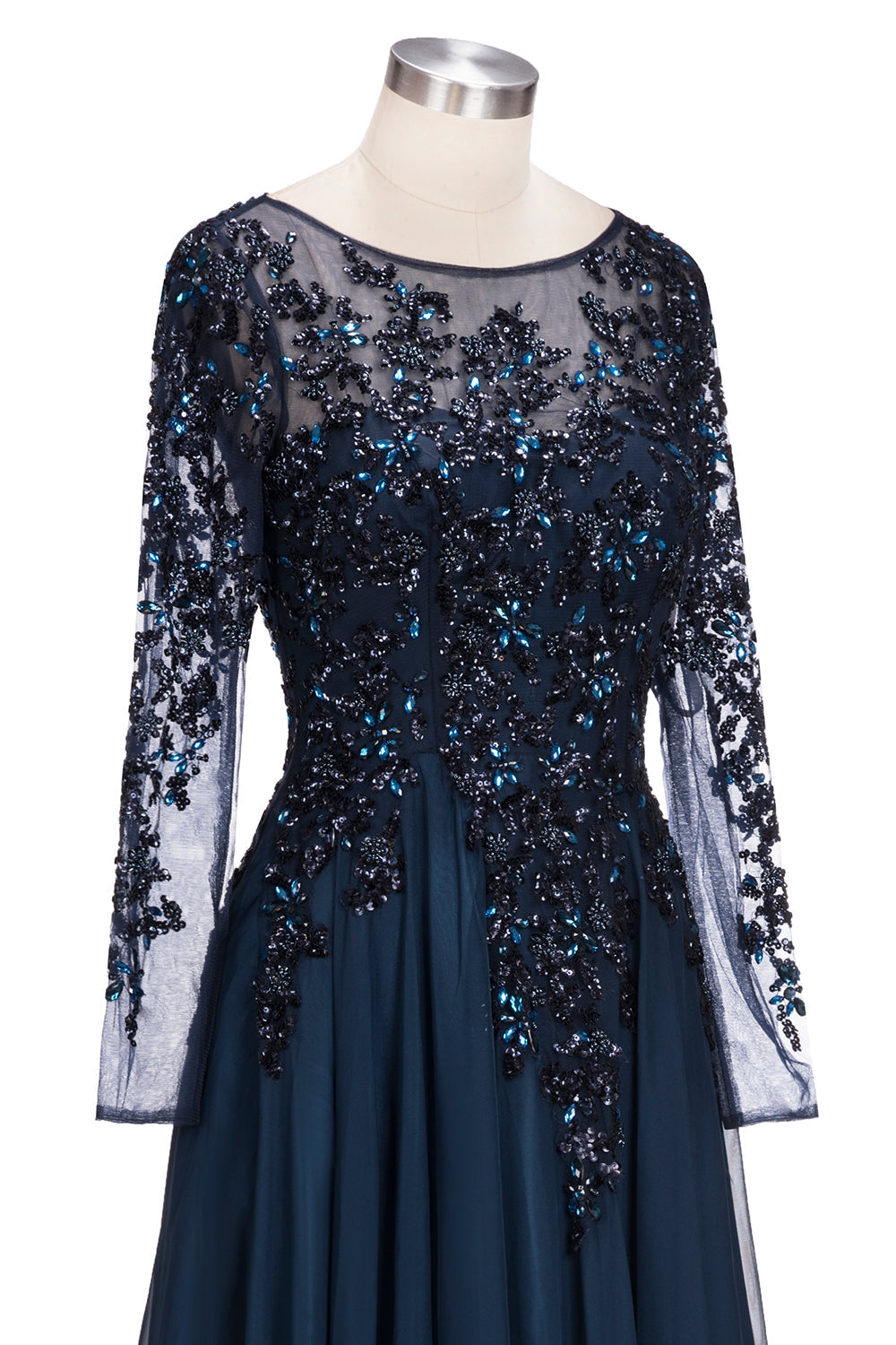 Vestido de noche formal de tul con joya, corte A, largo, azul marino oscuro, con mangas
