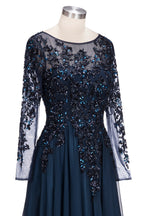Vestido de noche formal de tul con joya, corte A, largo, azul marino oscuro, con mangas