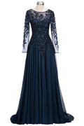 Vestido de noche formal de tul con joya, corte A, largo, azul marino oscuro, con mangas