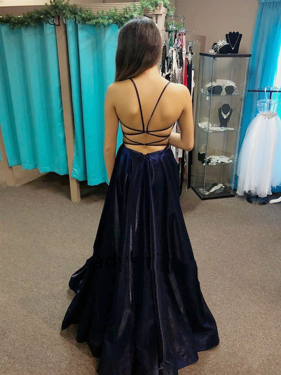 Vestido de graduación formal azul marino oscuro largo de satén con escote en V y espalda abierta