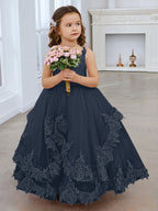 Ärmelloses Prinzessinnen-Tüllkleid mit Spitzenapplikationen und Schleppe für Mädchen 