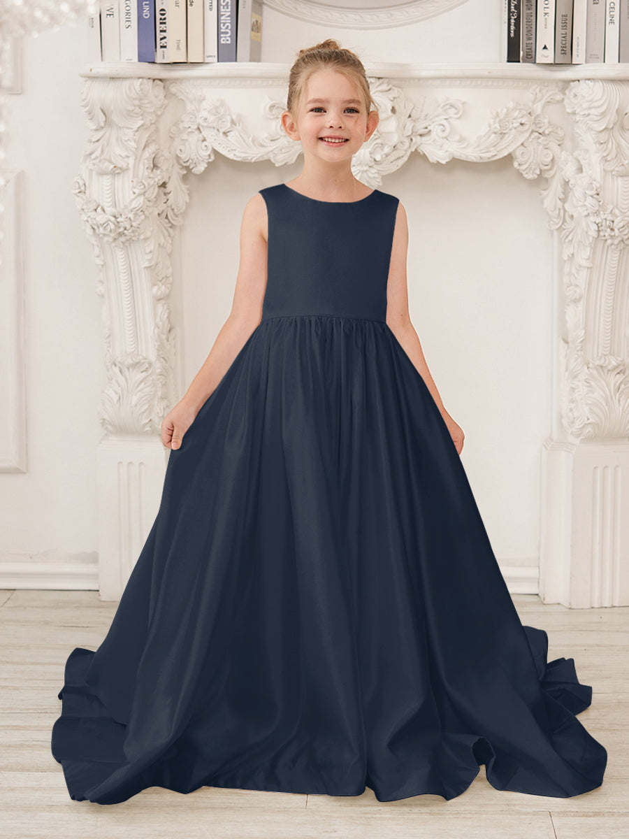 A-Linie Prinzessin Ärmelloses Satin Blumenmädchenkleid mit Schleppe und Schleife 